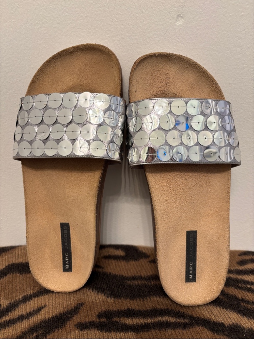 Marc Jacobs Silver Sequin Slide Sandals with Tan Footbed